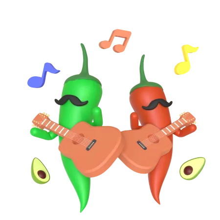 Piment vert et rouge jouant de la guitare  3D Illustration