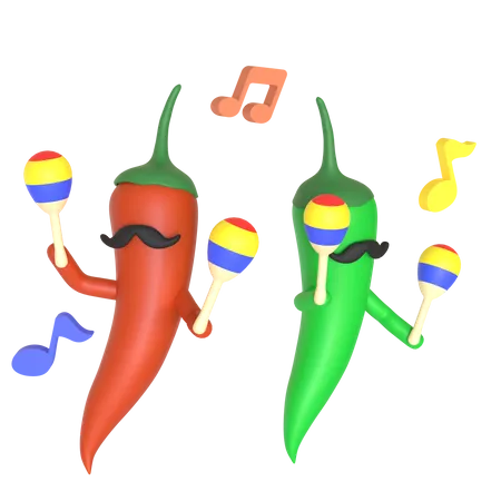 Pimenta verde e vermelha tocando maracas  3D Illustration