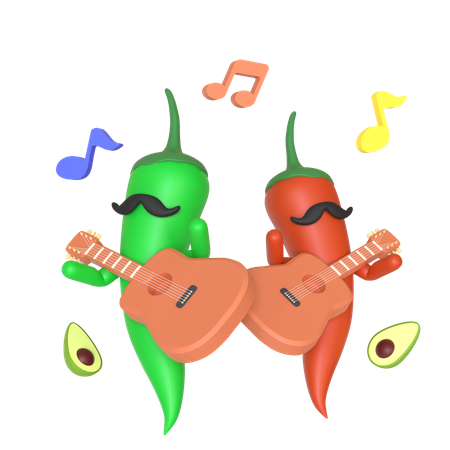 Pimenta verde e vermelha tocando violão  3D Illustration