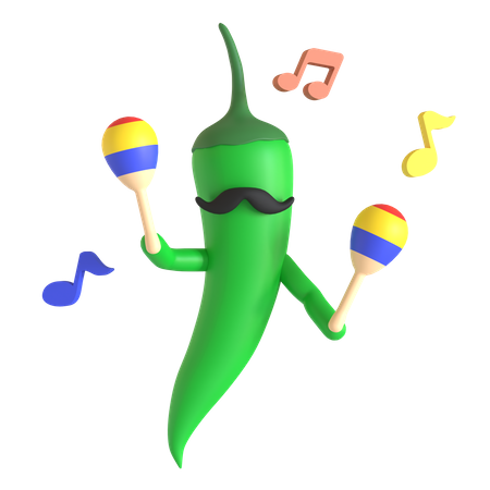 Pimenta verde tocando maracas  3D Illustration