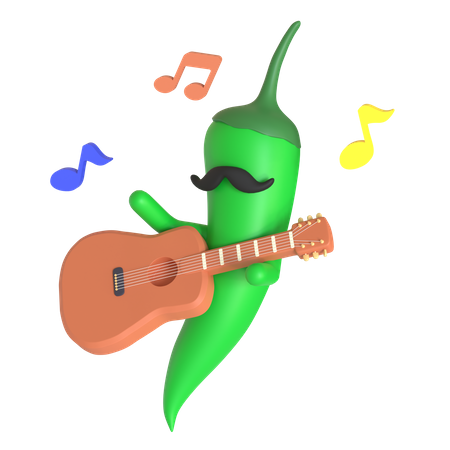 Pimenta verde tocando violão  3D Illustration