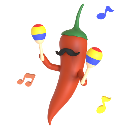 Pimenta vermelha tocando maracas  3D Illustration