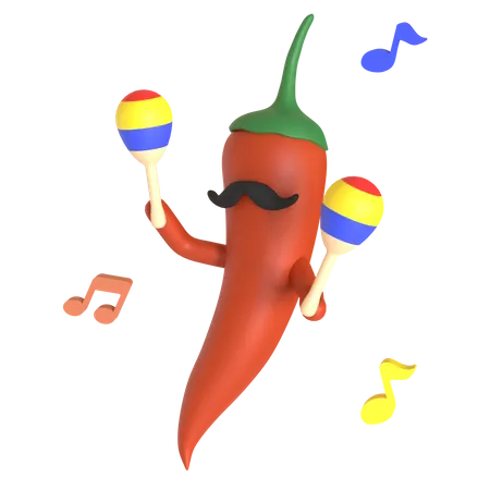 Pimenta vermelha tocando maracas  3D Illustration