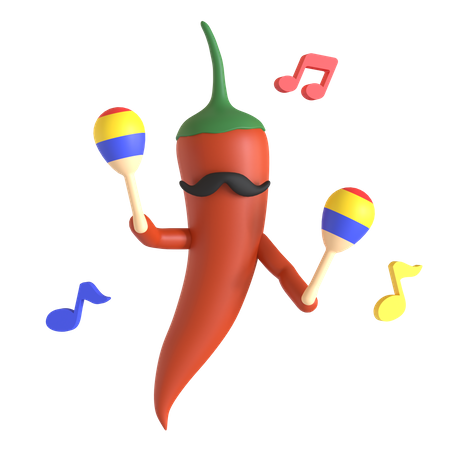 Pimenta vermelha tocando maracas  3D Illustration