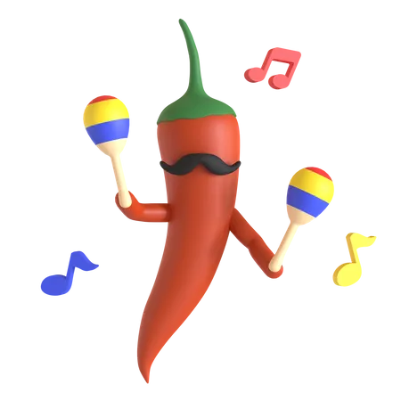 Pimenta vermelha tocando maracas  3D Illustration