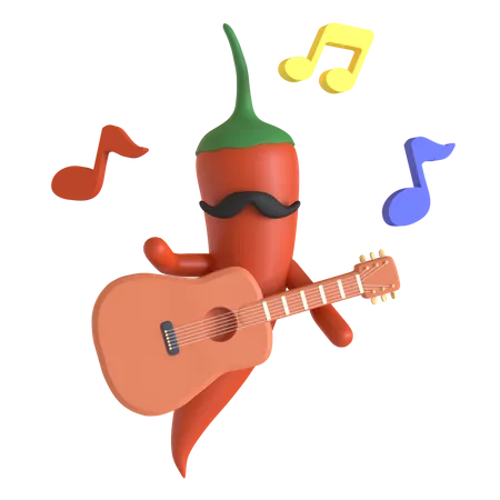 Pimenta vermelha tocando violão  3D Illustration