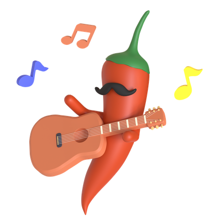 Pimenta vermelha tocando violão  3D Illustration