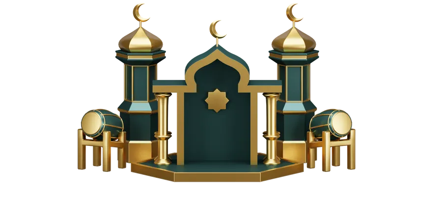 Pódio para o Ramadã com enfeites de tambor e mesquita  3D Illustration