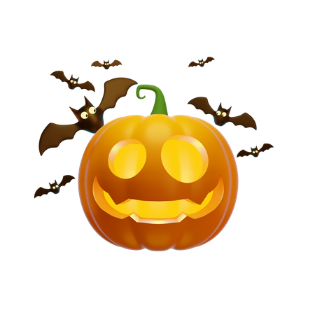 Pumpkin Lantern And Flying Bats  3D Illustration