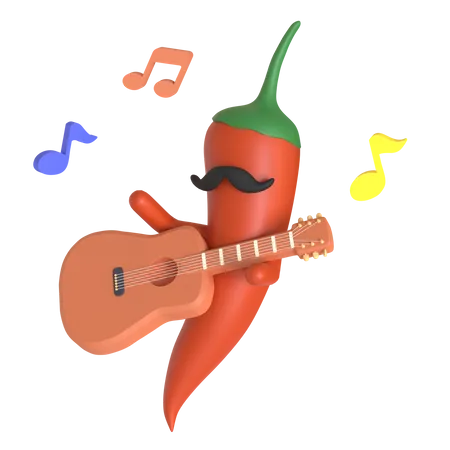 Red chili pepper playing guitar  3D Illustration