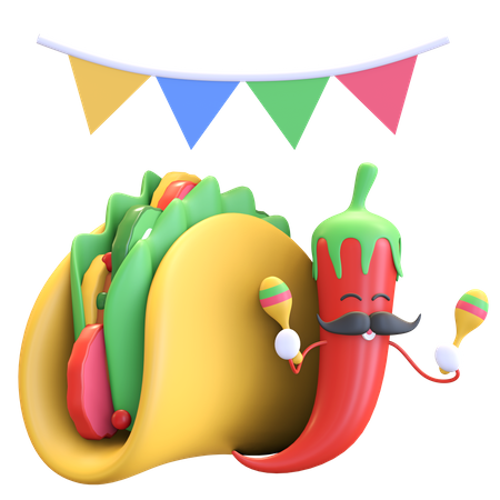 Red chili playing maracas with tacos  3D Illustration