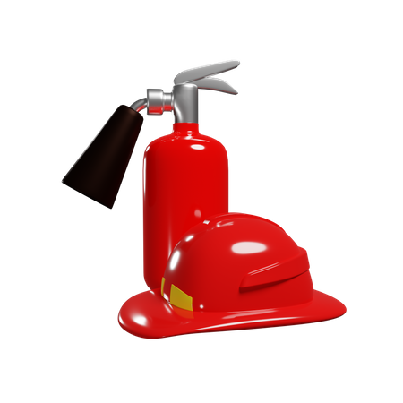 Red Fire Extinguisher And Firemans Helmet  3D Illustration