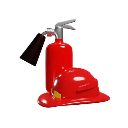 Red Fire Extinguisher And Firemans Helmet  3D Illustration