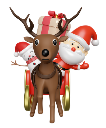 Reindeer is carrying many gifts and santa claus in sledge  3D Illustration