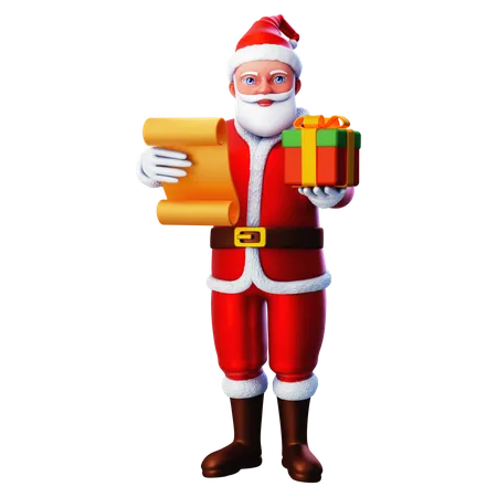 Santa Claus dando caja de regalo de Navidad de la lista de papel  3D Illustration