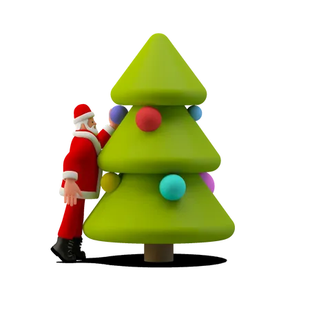 Santa Claus Decorating Christmas Tree  3D Illustration