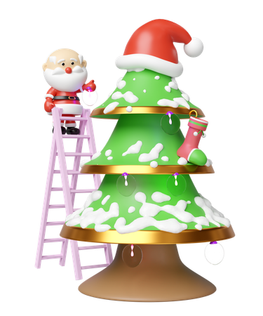 Santa Claus Decorating Christmas Tree  3D Illustration