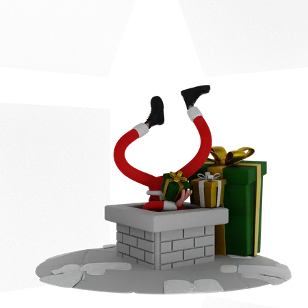 Santa Claus In Chimney  3D Illustration