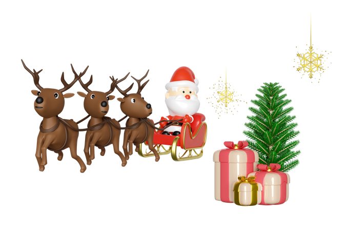 Santa claus is moving towards many surprise gifts  3D Illustration