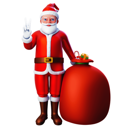 Santa Claus Showing Peace Hand Gesture With Gift Bag  3D Illustration