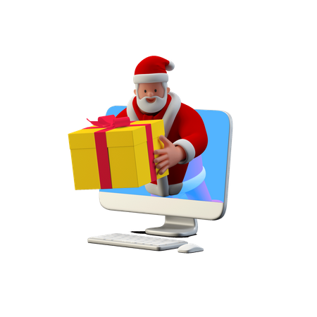 Santa Giving online gift from computer  3D Illustration