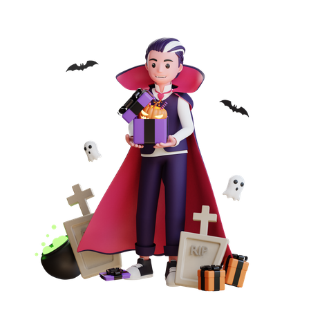 Scary vampire holding Halloween candies  3D Illustration