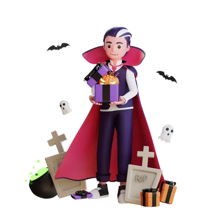 Scary vampire holding Halloween candies  3D Illustration