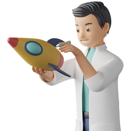 Scientist repairing rocket  3D Illustration