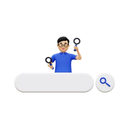 Search Bar With A Man Carrying A Magnifying Glass  3D Illustration