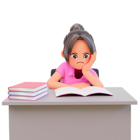 Serious young student girl reading a book for preparing the exam  3D Illustration