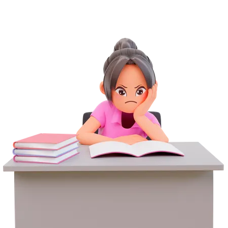 Serious young student girl reading a book for preparing the exam  3D Illustration