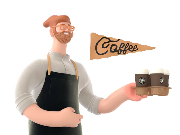 Le serveur va servir le café  3D Illustration