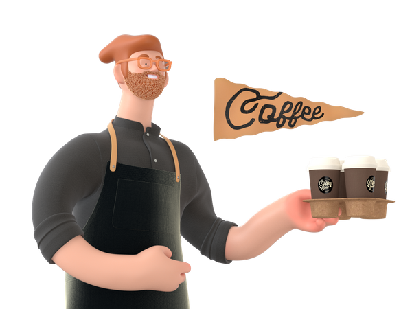 Le serveur va servir le café  3D Illustration