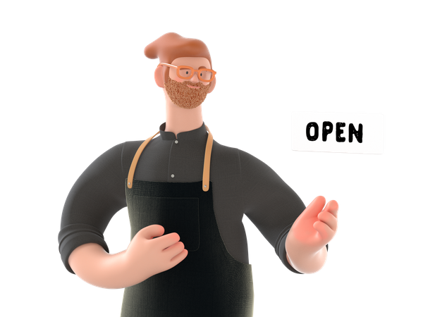 Shop owner showing open sign  3D Illustration