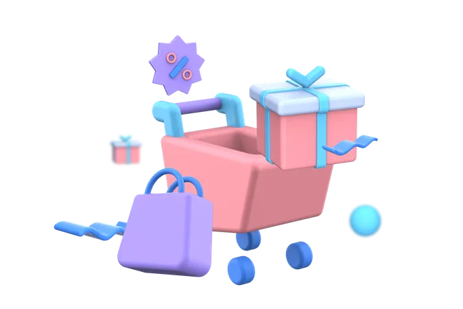 Shopping cart with gift box  3D Illustration