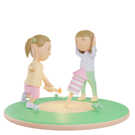 Siblings Playing Firework  3D Illustration