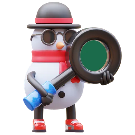 Snowman Character With Magnifying Glass  3D Illustration