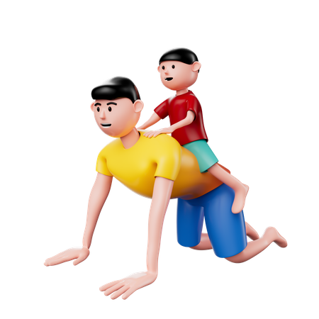 Son riding on father's back  3D Illustration