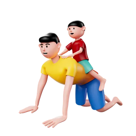 Son riding on father's back  3D Illustration