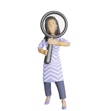 South indian business woman with magnifier  3D Illustration