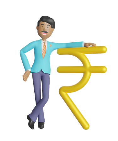 South Indian businessman leaning on Indian currency symbol rupee  3D Illustration