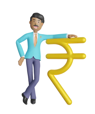 South Indian businessman leaning on Indian currency symbol rupee  3D Illustration