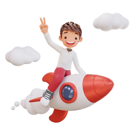 Student flying on rocket  3D Illustration