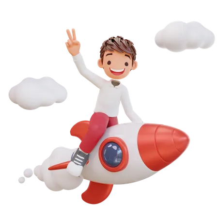 Student flying on rocket  3D Illustration