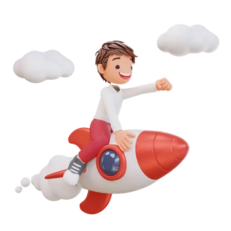 Student flying on rocket  3D Illustration