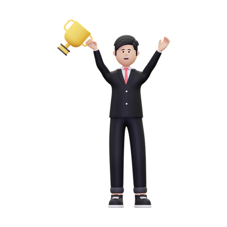 Successful Businessman With Trophy  3D Illustration