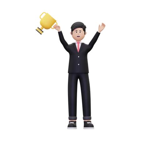 Successful Businessman With Trophy  3D Illustration