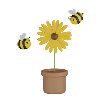 Sun Flower With Bee  3D Icon