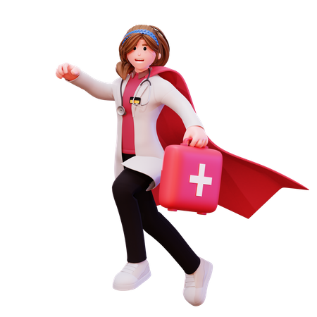 Super doctor fly with medkit for emergency  3D Illustration