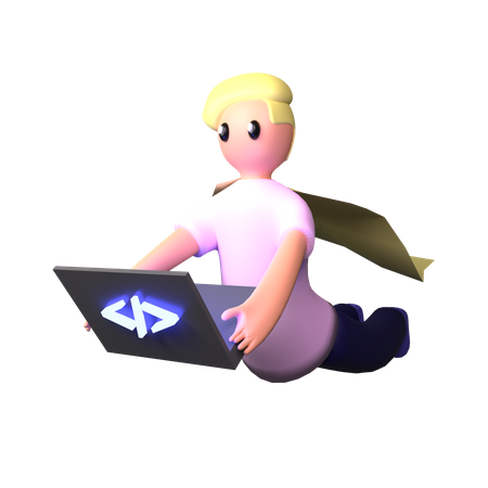 Superhero programmer working on laptop  3D Illustration